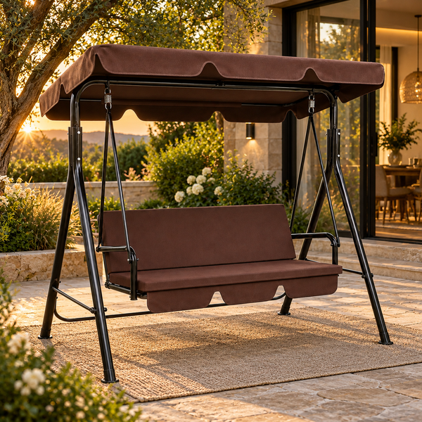Bliss 3-Person Patio Swing with Adjustable Canopy and Cushions – Brown-Mauvora