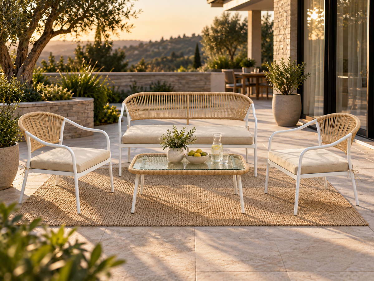 Calira 4-Piece Rattan Outdoor Sofa Set – 2-Seater, 2 Chairs & Glass Coffee Table-Mauvora