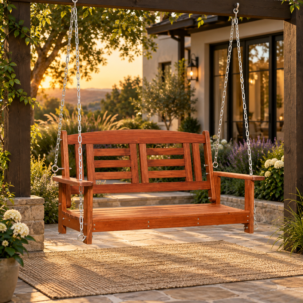 Harmony 2-Person Hanging Fir Wood Porch Swing with Chains – Reddish Brown-Mauvora