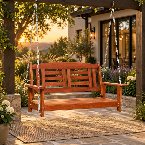 Harmony 2-Person Hanging Fir Wood Porch Swing with Chains – Reddish Brown-Mauvora