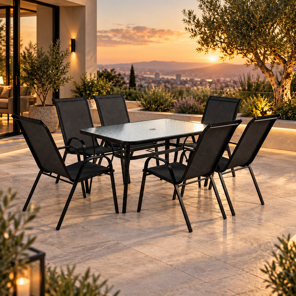 Kara 7-Piece Glass-Top Outdoor Dining Set with 6 Sling Chairs-Mauvora