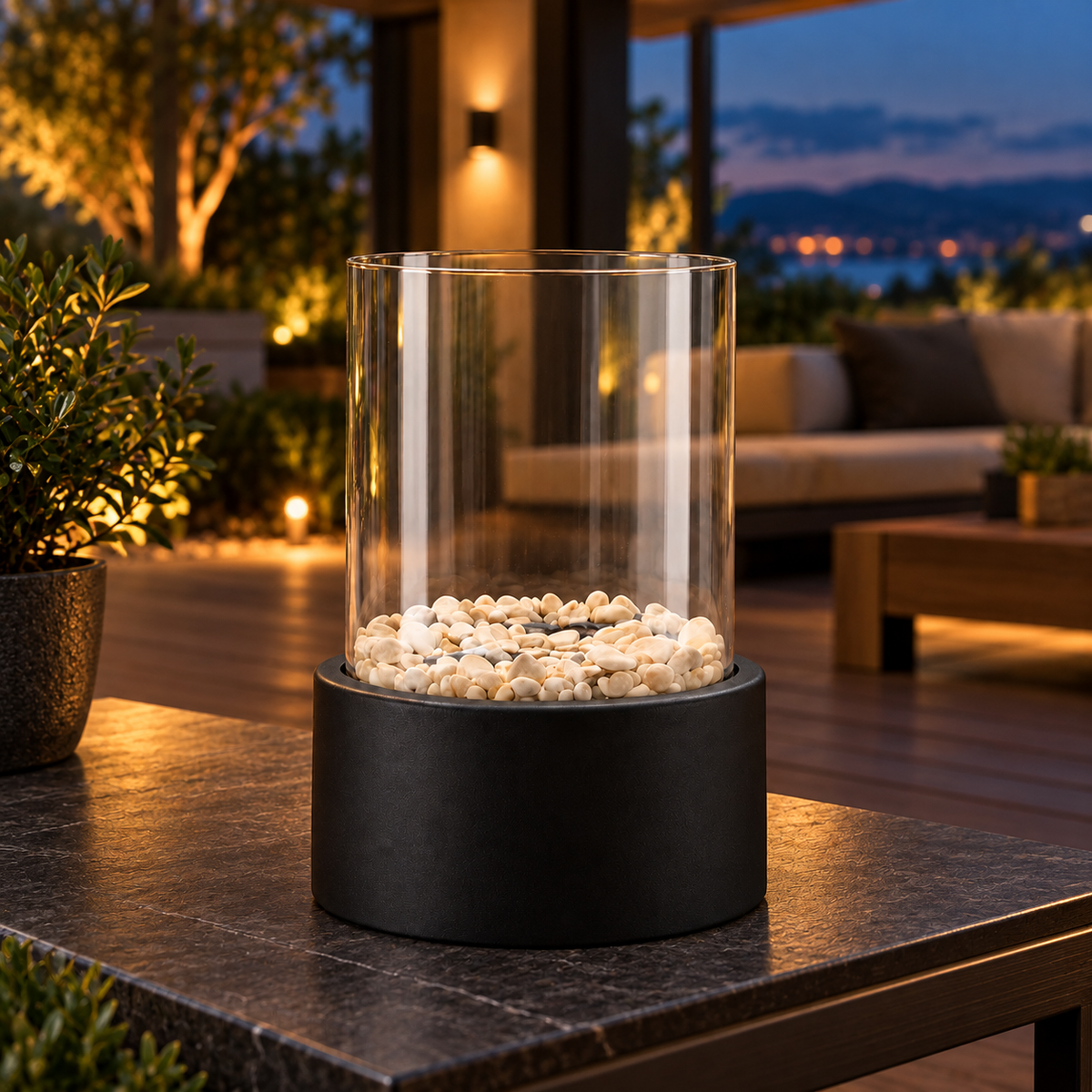 Portable Tabletop Bioethanol Fireplace with Glass Panels & Metal Base-Mauvora