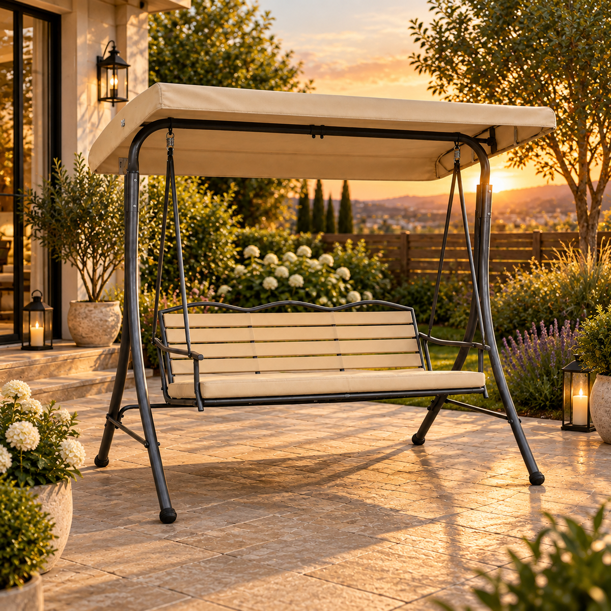 Trio 3-Person Cushioned Outdoor Swing with Adjustable Canopy – Beige-Mauvora
