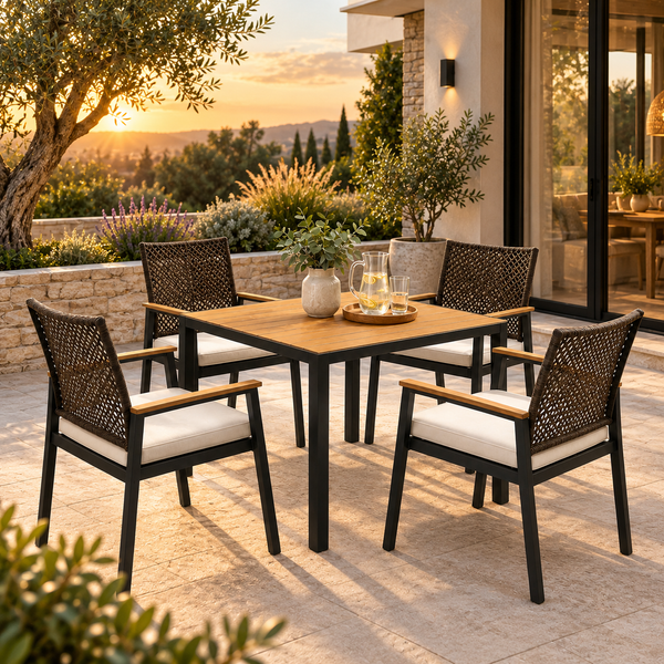 Verano 5-Piece Rattan Patio Dining Set with Acacia Wood Table-Mauvora