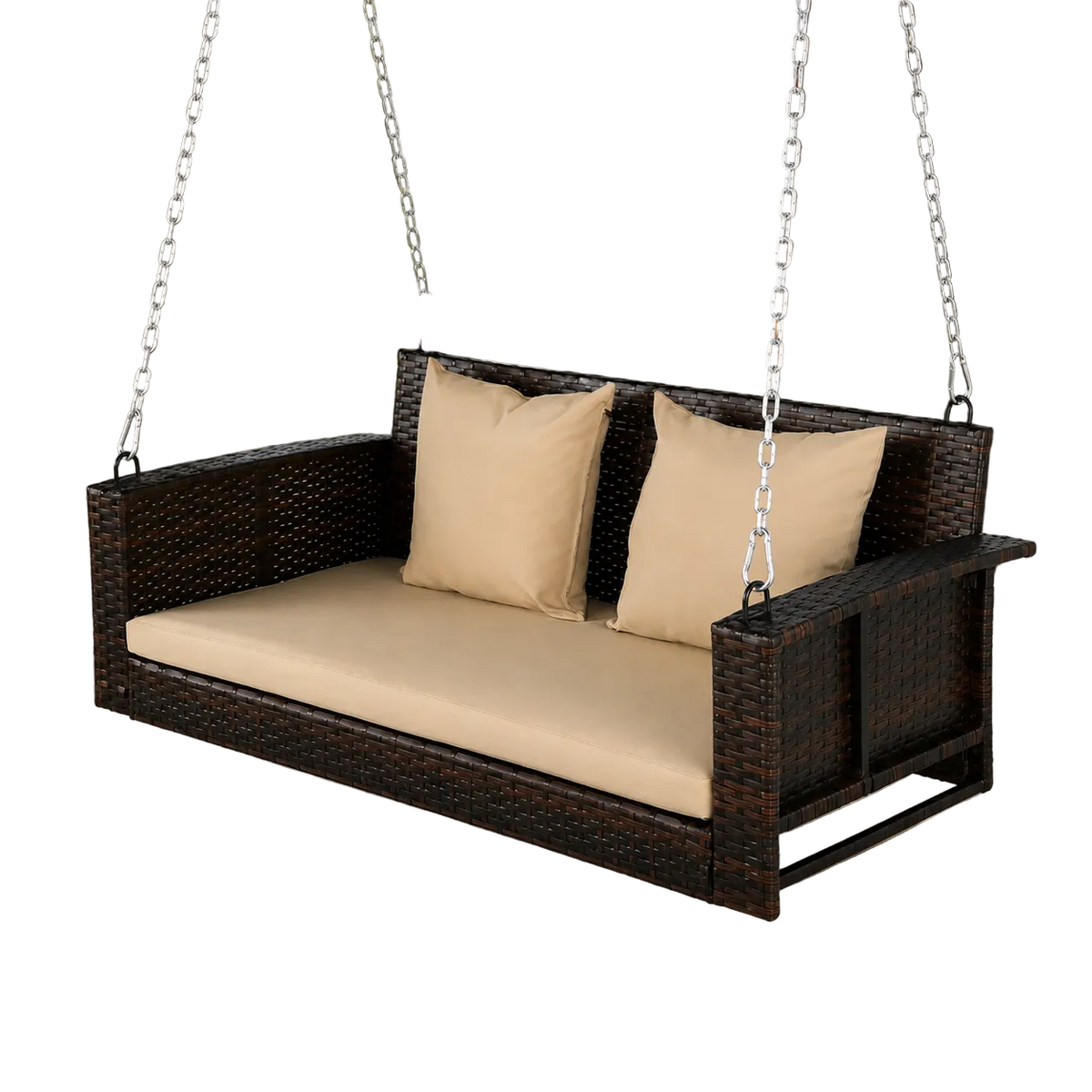 Zen 2-Seat Rattan Hanging Patio Swing with Cushions & Chains-Mauvora