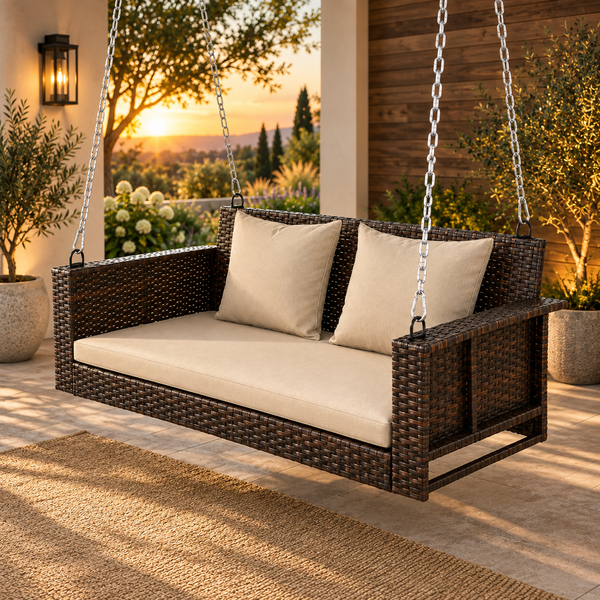 Zen 2-Seat Rattan Hanging Patio Swing with Cushions & Chains-Mauvora